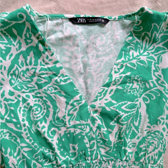 NWOT Zara Linen Blend Tropical Print Ruffled Dress Green 3/4 Sleeve Size M - Picture 9 of 13